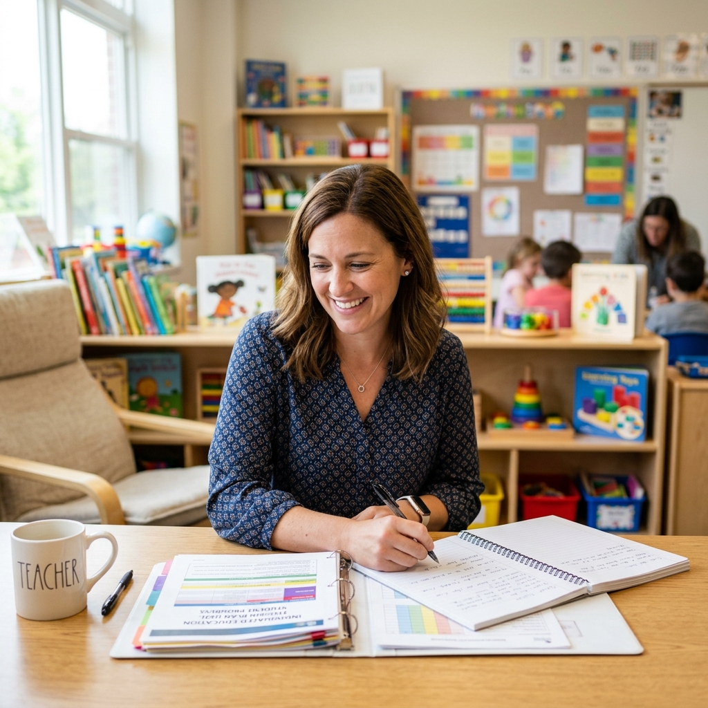 Professora trabalhando com facilidade e preenchendo documentos